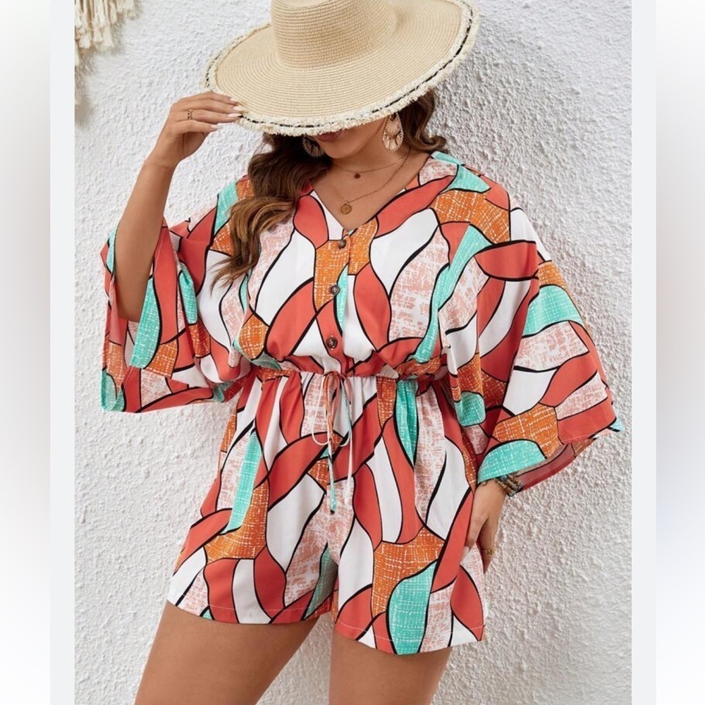 Colorblock all over print batwing sleeves romper vacation leisure knit front Lrg